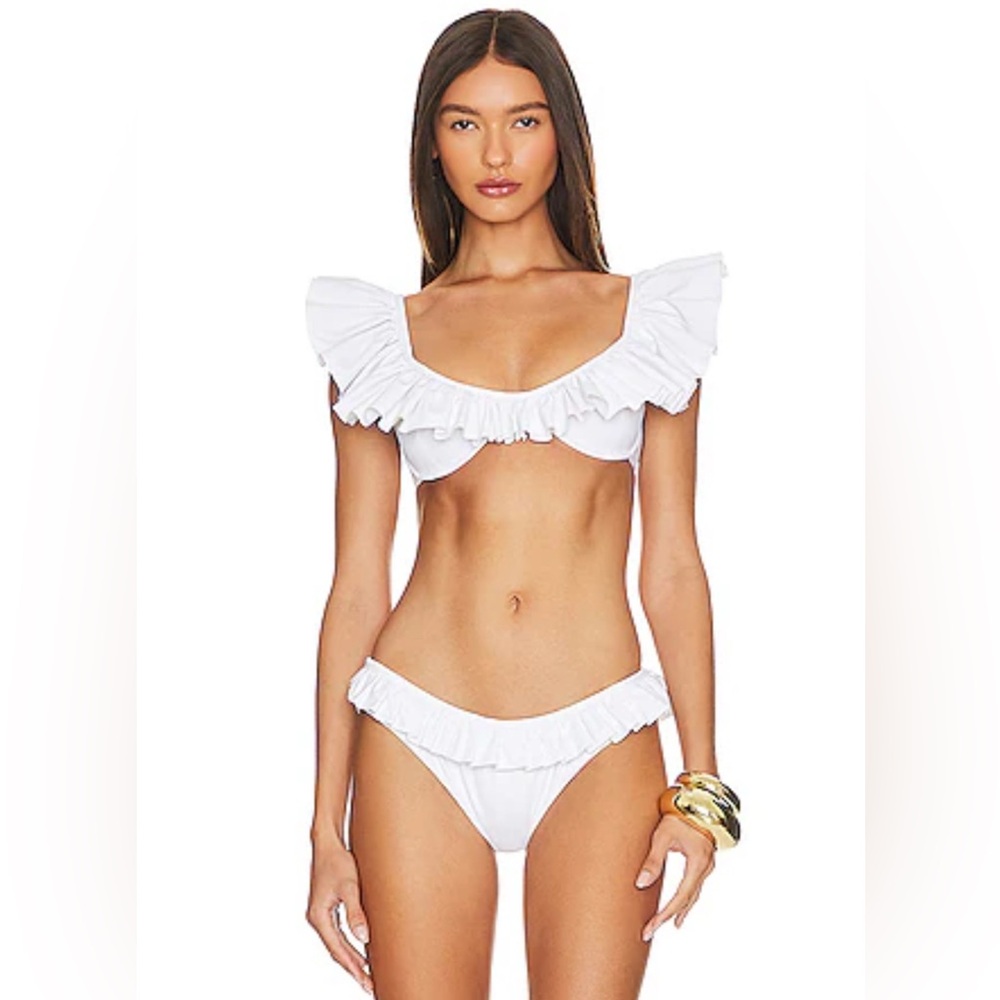 Caroline Constas White Ruffle Bikini Bottoms